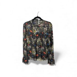 Worthington Black Floral Mesh High Neck Blouse Medium Long Sleeve